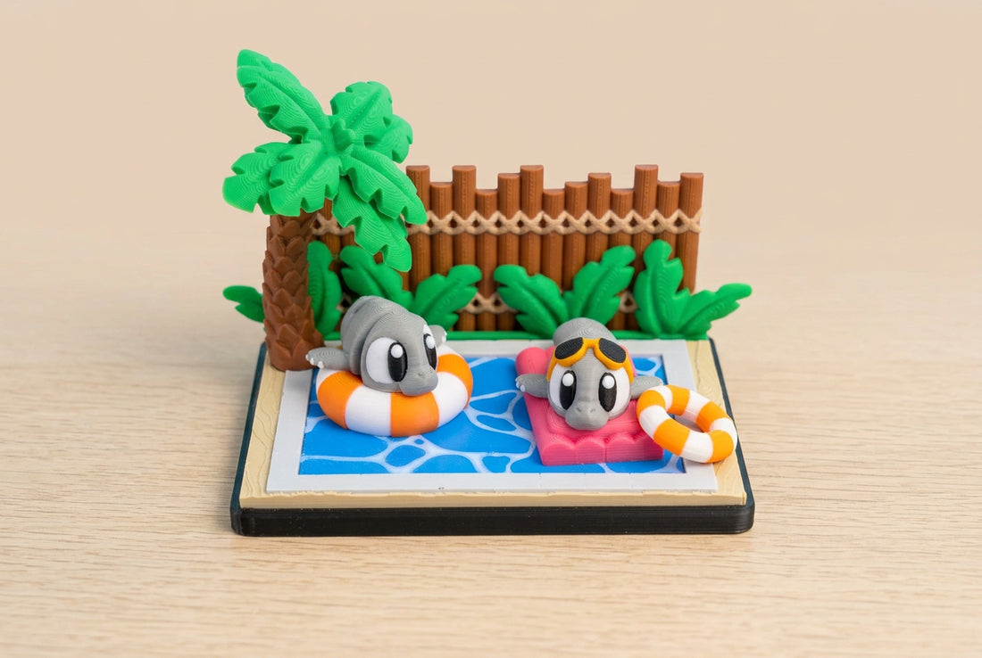 Three Cheeky Monkeys Designs 3D-printed seal pool diorama with palm tree, orange life ring, and pink float on desk.